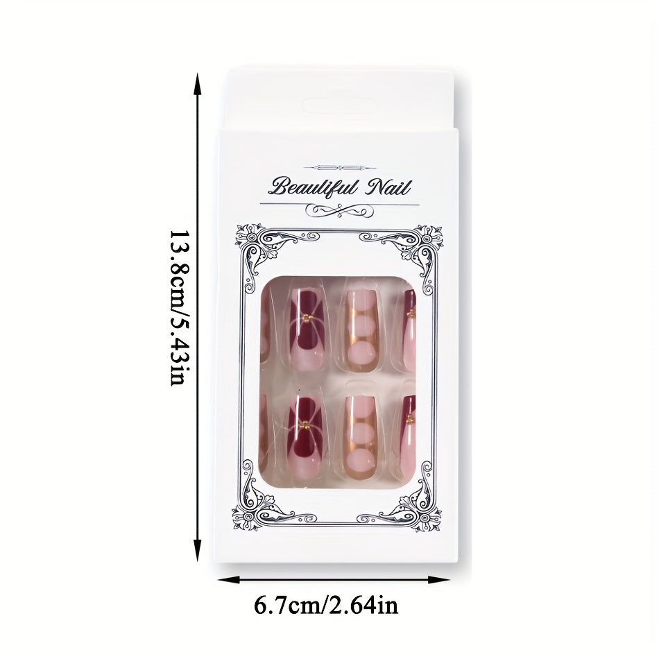 24pcs French Style Press On Nails Set - Glossy Pink, Red & Golden Ballet Shape Medium Length Fake Nails with Jelly Glue & Nail File, Easy Application Salon-Quality DIY Manicure Kit for, Parties, Weddings, Daily Wear (24 Nails