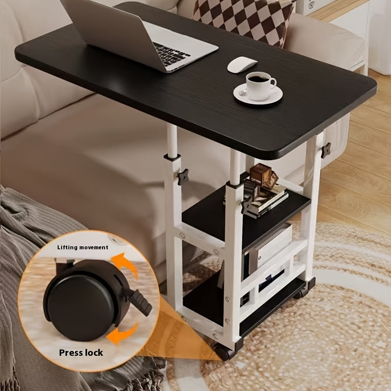 [Mobile Laptop Table] Height-Adjustable Mobile Laptop Table - 4-Wheel Rolling Study/Workstation Desk with Dual Shelves for Bedside/Dorm/Office Use, Sturdy Modern Finish (Space-Saving Design)