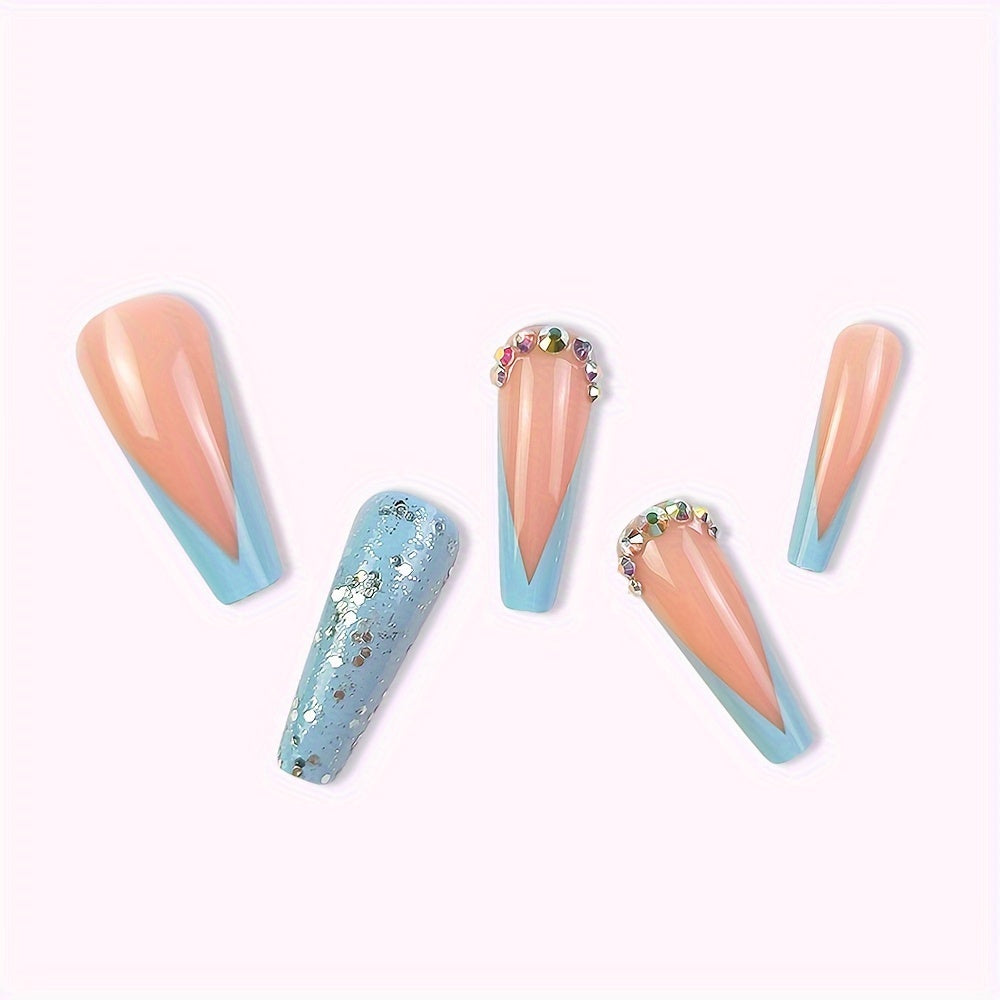 24pcs Glossy Long Ballerina Press On Nails, Pinkish And Blue French Tip Fake Nails with Rhinestone Design, Reusable False Nails for Women Girls