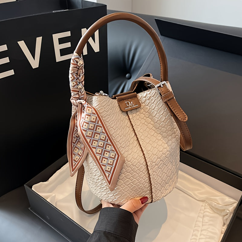 Women's Woven Bucket Handbag & Crossbody Bag - Golden-Tone Hardware, ic Closure, Detachable Strap - Deep Brown/Beige/Green/Black - Elegant Tote for, Travel, Formal Events - Durable Wipe-Clean