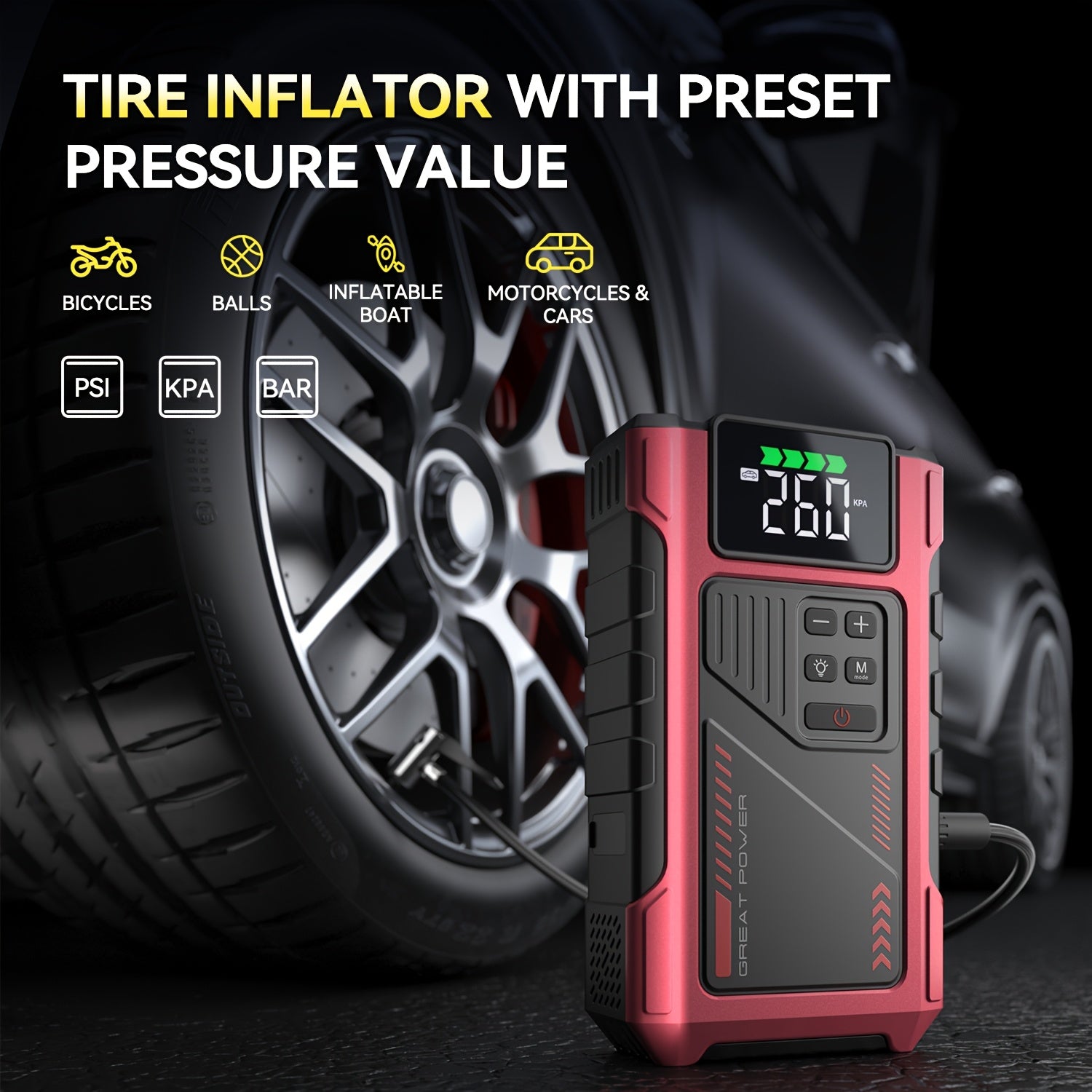 4000A Portable Wireless Car Air Compressor Jump Starter with Air Compressor, Battery Jump Starter Portable Peak, Car Battery Charger Portable For12V(8.0LGas/1.72gal Diesel) Start The Car Quickly, USB Input/output, LED Emergen