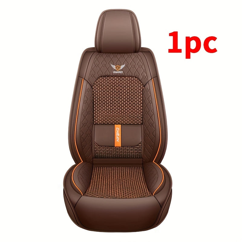 Premium 1pc Car Front Seat Cover PU Leather + Ice Slippy Fiber Fabric Full Coverage Summer Car Seat Protector