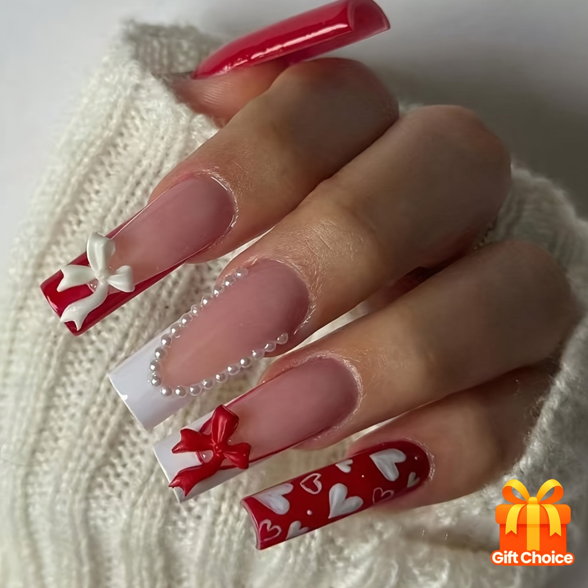 24pcs long square detachable portable wearablenails gift box, romantic French embellished with red and white ribbons, heart-shaped fashionable matching, detachable nainails, Nail Art, Romantic Design, Elegant Nails, Durable N