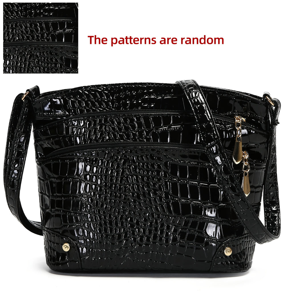 Shiny Crocodile Pattern Women'S Bag, PU Soft Shoulder Bag, Multi-Layer Crossbody Bag, Stylish And Versatile Large Capacity Bucket Bag.