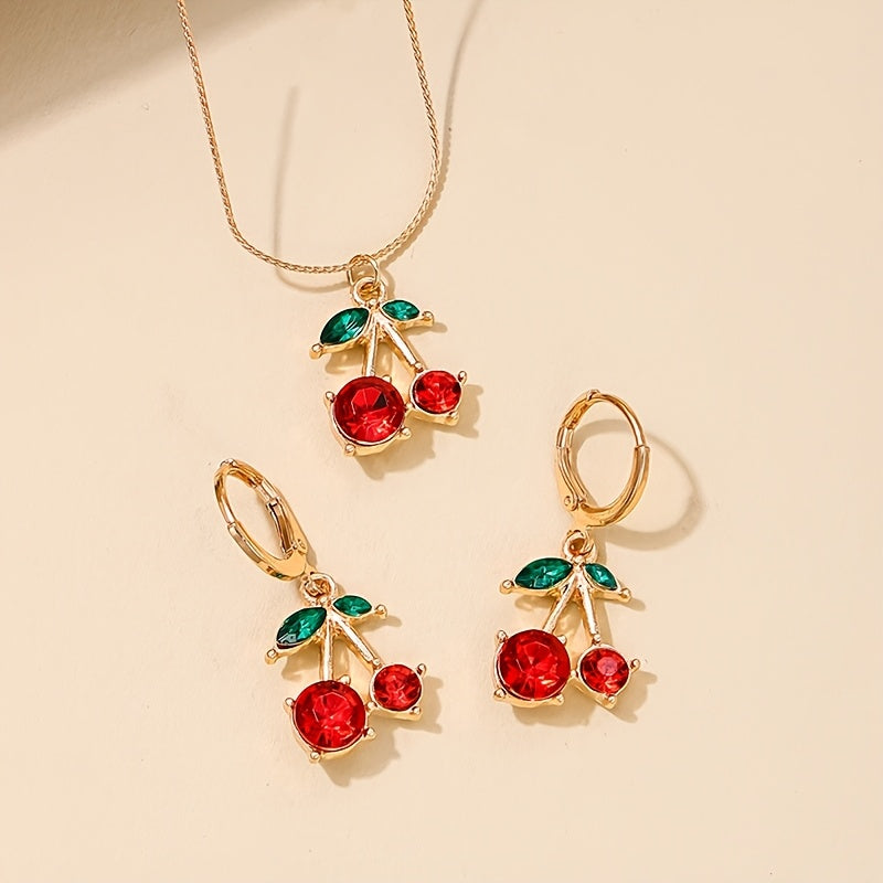 [Birthday Gift, Holiday Gift] 1 Set of New Sweet And Cute Style Red Cherry Pendant Necklace And Earrings Set, Suitable for Daily Wear And Vacation, Birthday Gift, Holiday Gift, The Best Gift for Girlfriend And