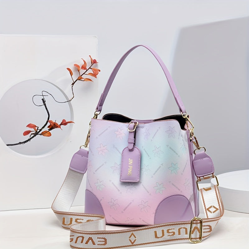 [Trendy Bucket Bag] Trendy Ombre Bucket Bag | Letter Print Handbag, Fashion Buckle Decor, Women's Every Day Purses