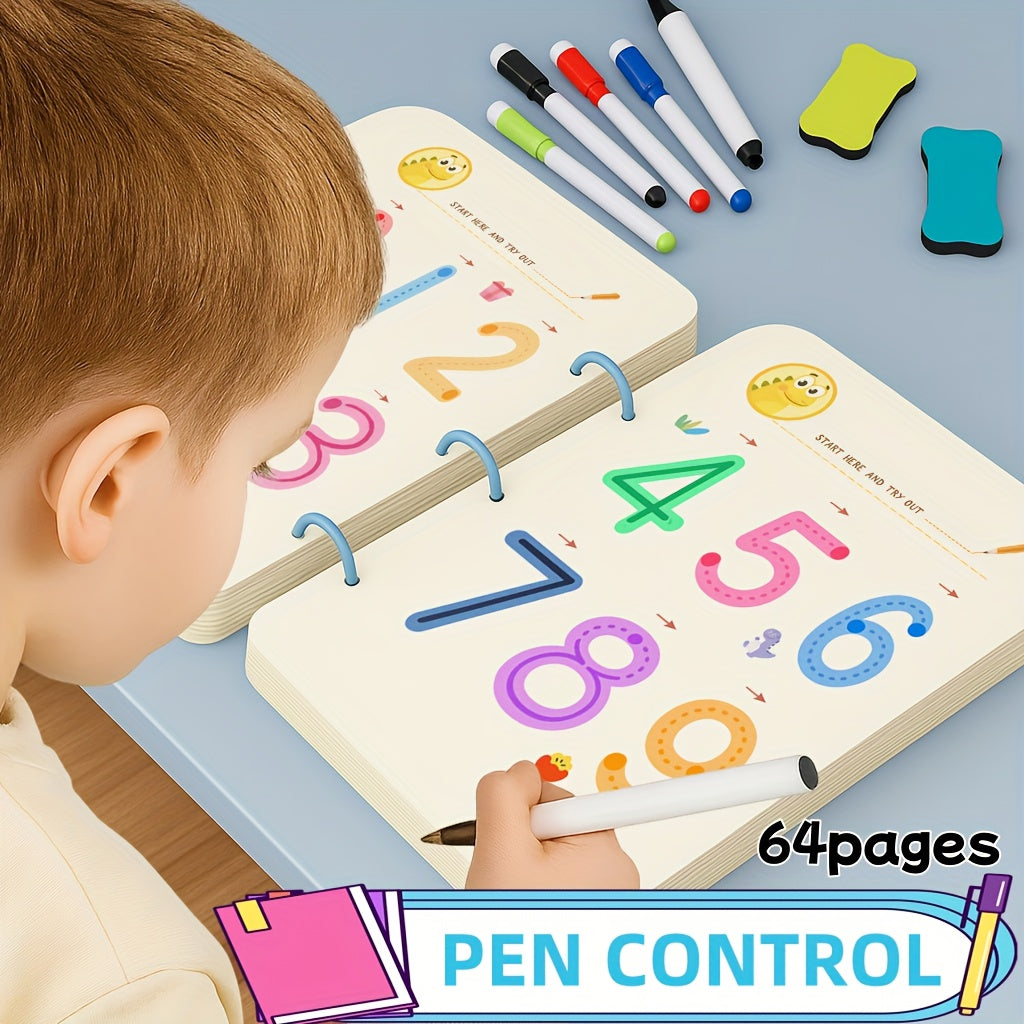 64 pages, 8 pens, writing and drawing set, magic copybook set, suitable for Youngsters aged 3-8 - enhance writing skills, with erasable pen and refill, educational painting and pen control workbook, early learning Essential R
