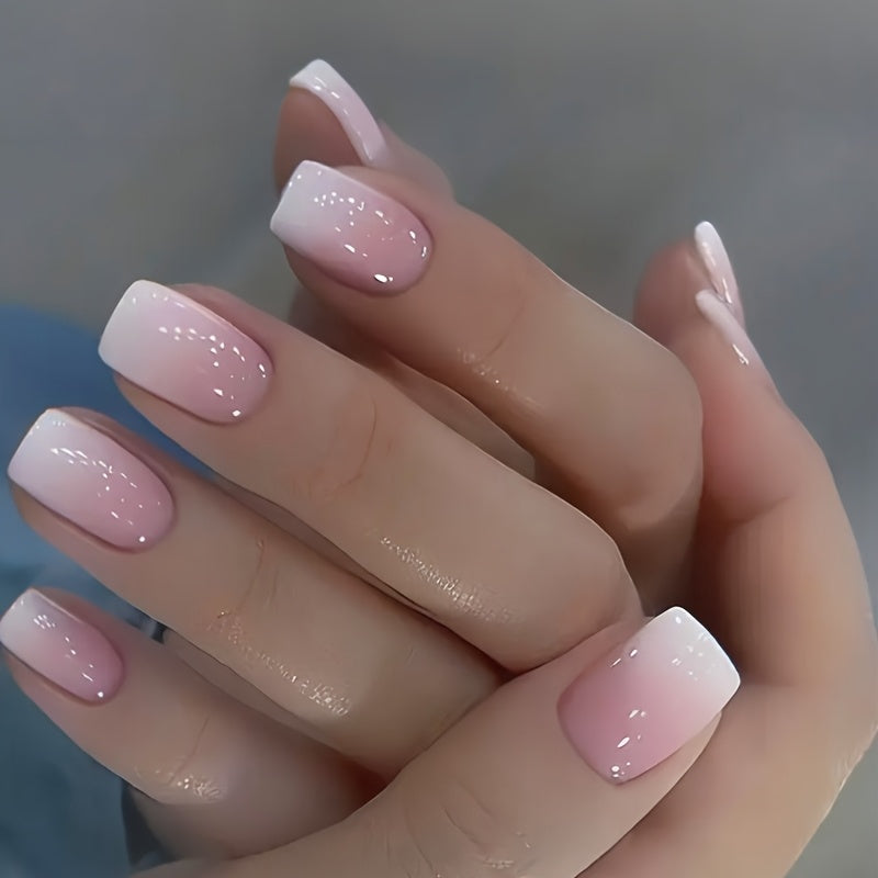 [High-Quality, Press On Nails] 24pcs Medium Square Press On Nails - High-Quality, Easy to Apply, Pink Gradient Nail Art with Smudge-Proof Adhesive, Perfect for Daily Wear by Women, Cute Short Nails, Everyday Nail Style, Gloss