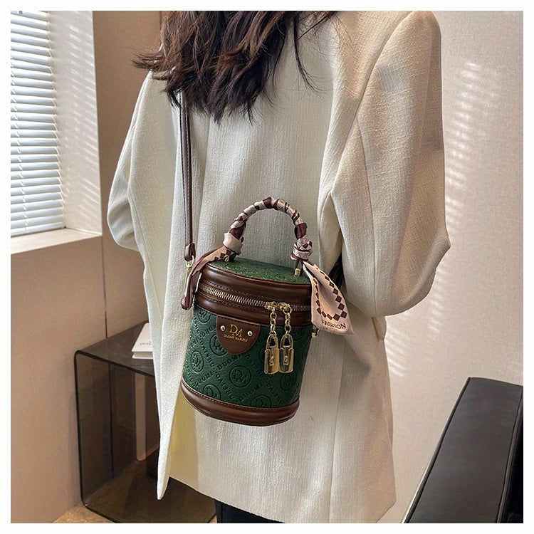 Chic Green Bucket Bag for Women - Stylish Crossbody with Golden-Tone Hardware, Zipper Closure, and Checkered Bow Accents - Perfect for Casual or Formal Outfits, Casual Accessory | Checkered Bow Accent | Zipper Closure Bag