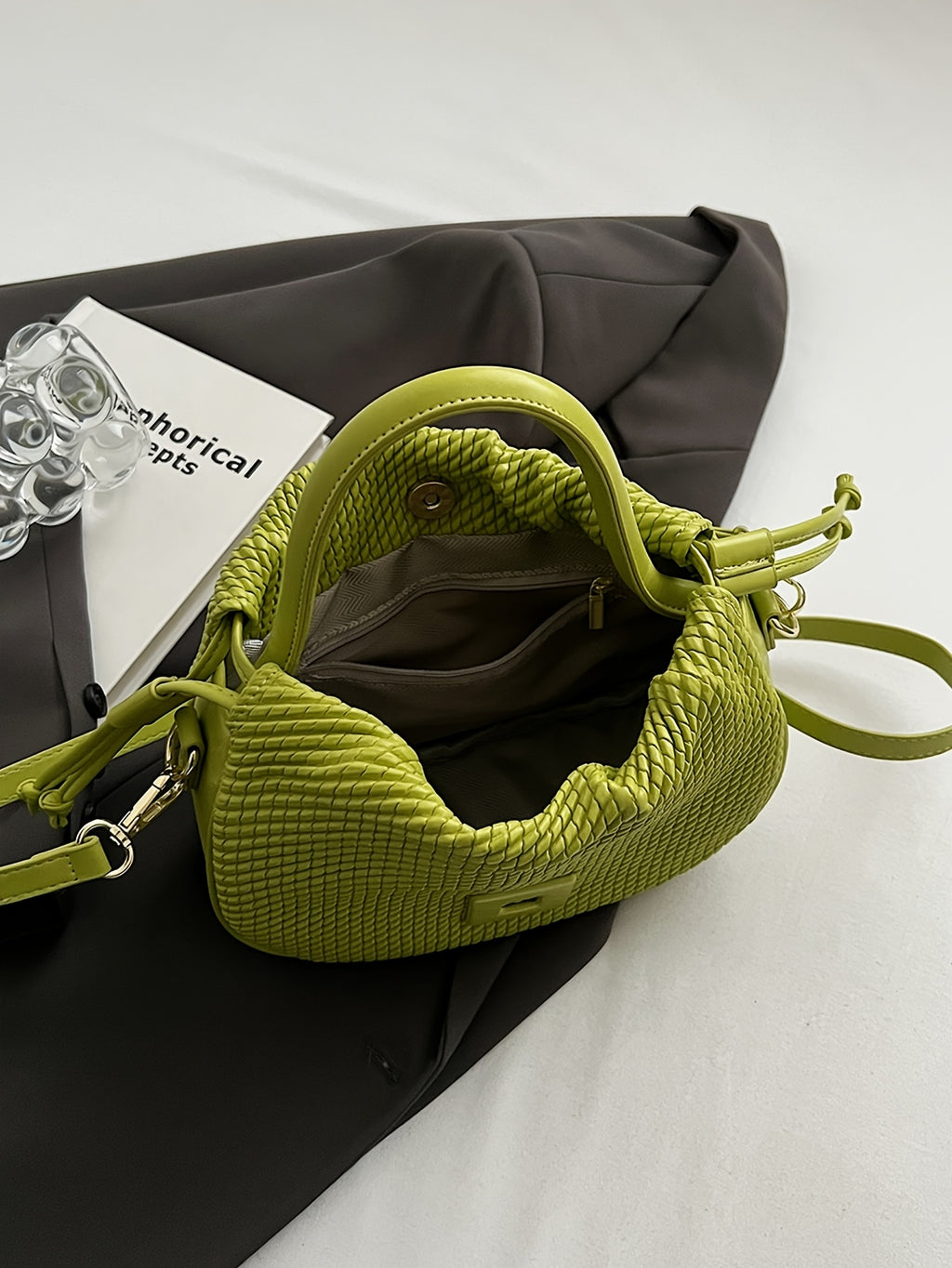 Elegant Lime Green Women's Handbag - Chic Woven Texture, PU Material with Drawstring Closure, Stylish Small Tote for Everyday Use, Cute Purse