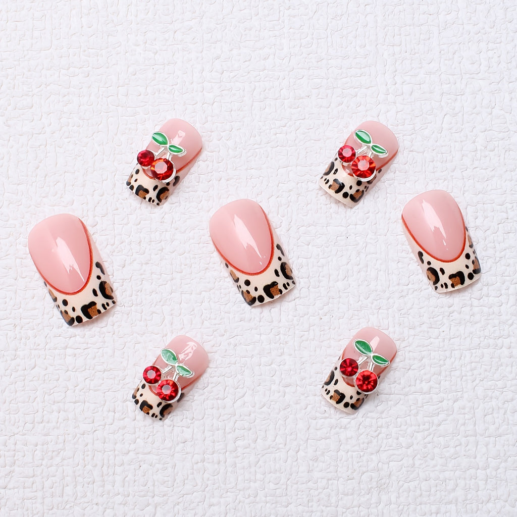 24pcs square style pressed nail pieces, French leopard print hand pasted cherry jewelry pattern design with shiny fake nails, suitable for daily wear, with jelly glue and filing strips included,  Medium Length False Nails, Ch