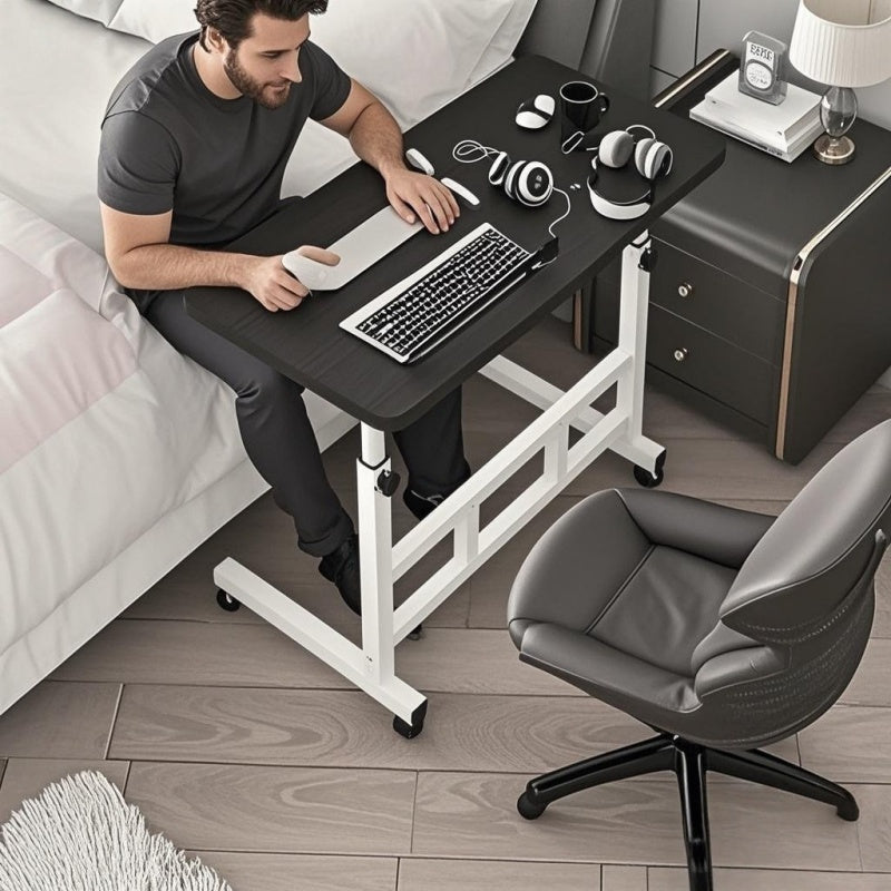 Rolling Table with Wheels, Adjustable Height Heavy-Duty Folding Desk, Storage Shelf & Wood/Metal Frame, Space-Saving Mobile Workstation, Easy Assembly (No Tools), for Office, Bedside, Dorm, Small Spaces, White/Mixed Color
