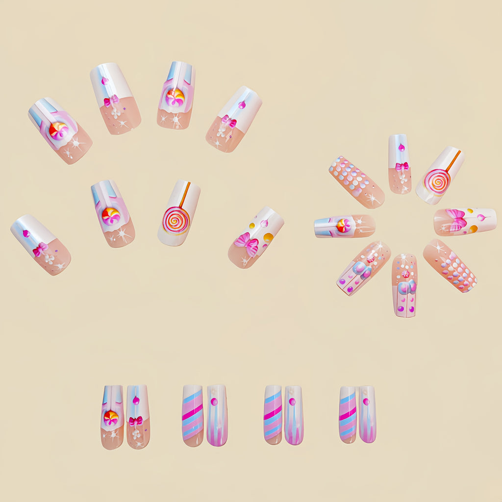 24pcs Removable Nail Stickers, Press-On, Middle Length, European Square, Glossy Finish, Pink Color Tone, Ballet Shape, Striped Leaf Flower Pattern for New Year, Spring Fashion Nail Art