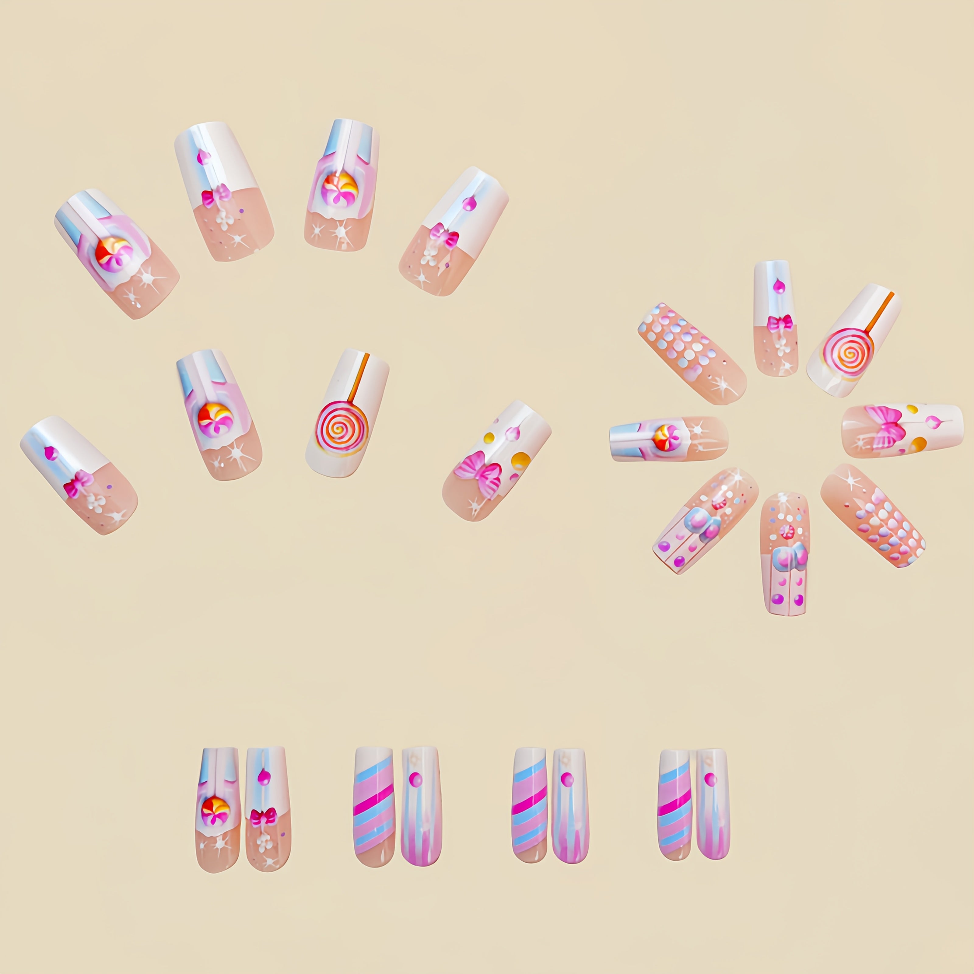 24pcs Removable Nail Stickers, Press-On, Middle Length, European Square, Glossy Finish, Pink Color Tone, Ballet Shape, Striped Leaf Flower Pattern for New Year, Spring Fashion Nail Art