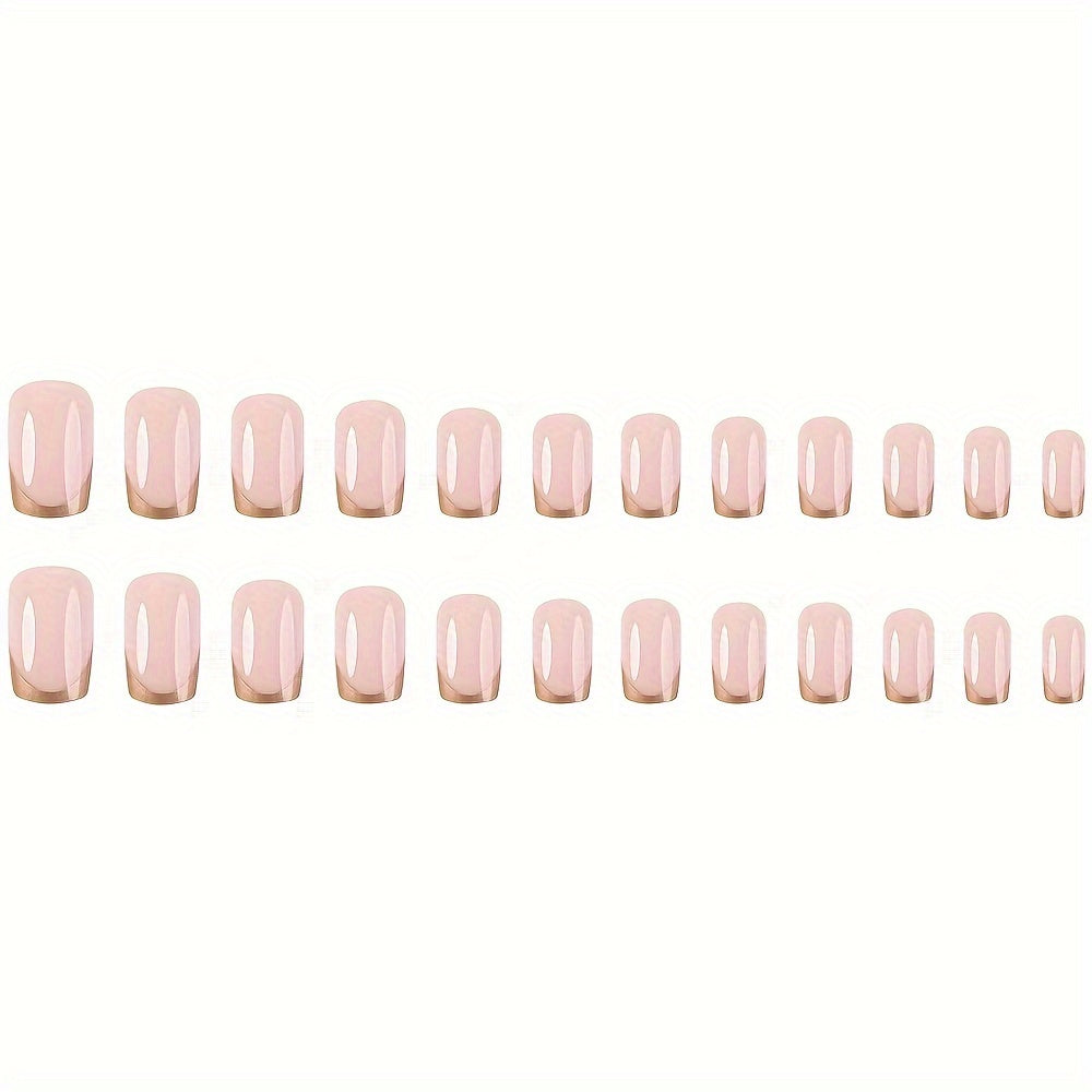 24-Piece Press on Nails Set - Short Square Shape, Glossy Finish, Golden & Pink Striped Pattern, Easy to Apply & Remove False Nail Tips