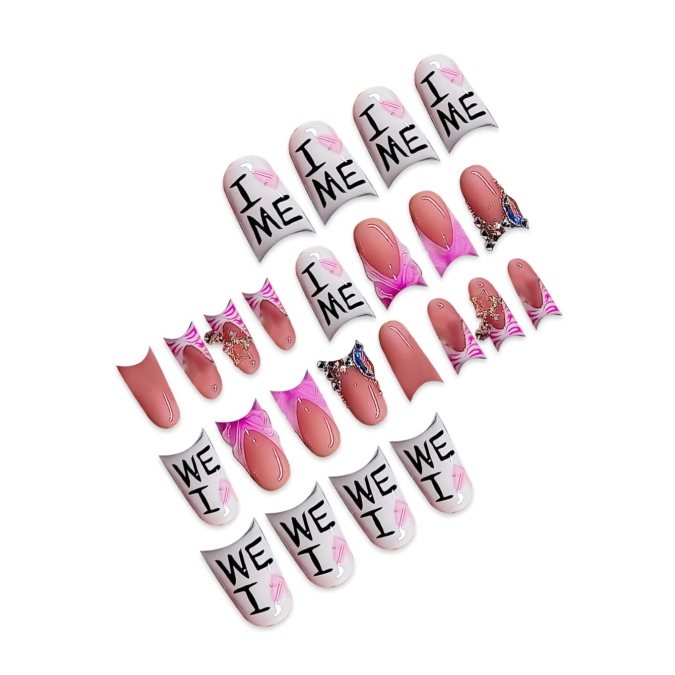 [24pcs Luxurious Press-On Nails Set] 24pcs Set Luxurious Duckbill-Shaped Press-On Nails, Short Length, with Glitter, Stars, and Heart Pendants, Pink and White Glossy Finish, with Nail File and Jelly Glue, for Women and Girls,