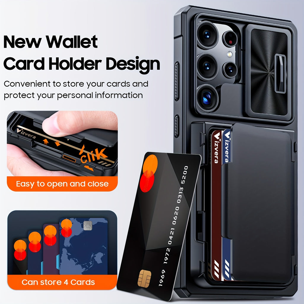 for Samsung Galaxy S25 Ultra Case Wallet, Cards Holder (4 Cards) & Camera Cover & Kickstand, for Women Men, Full Body protective PC Case for S25 Ultra 2025( Cell Phone strap) Holiday gifts for family