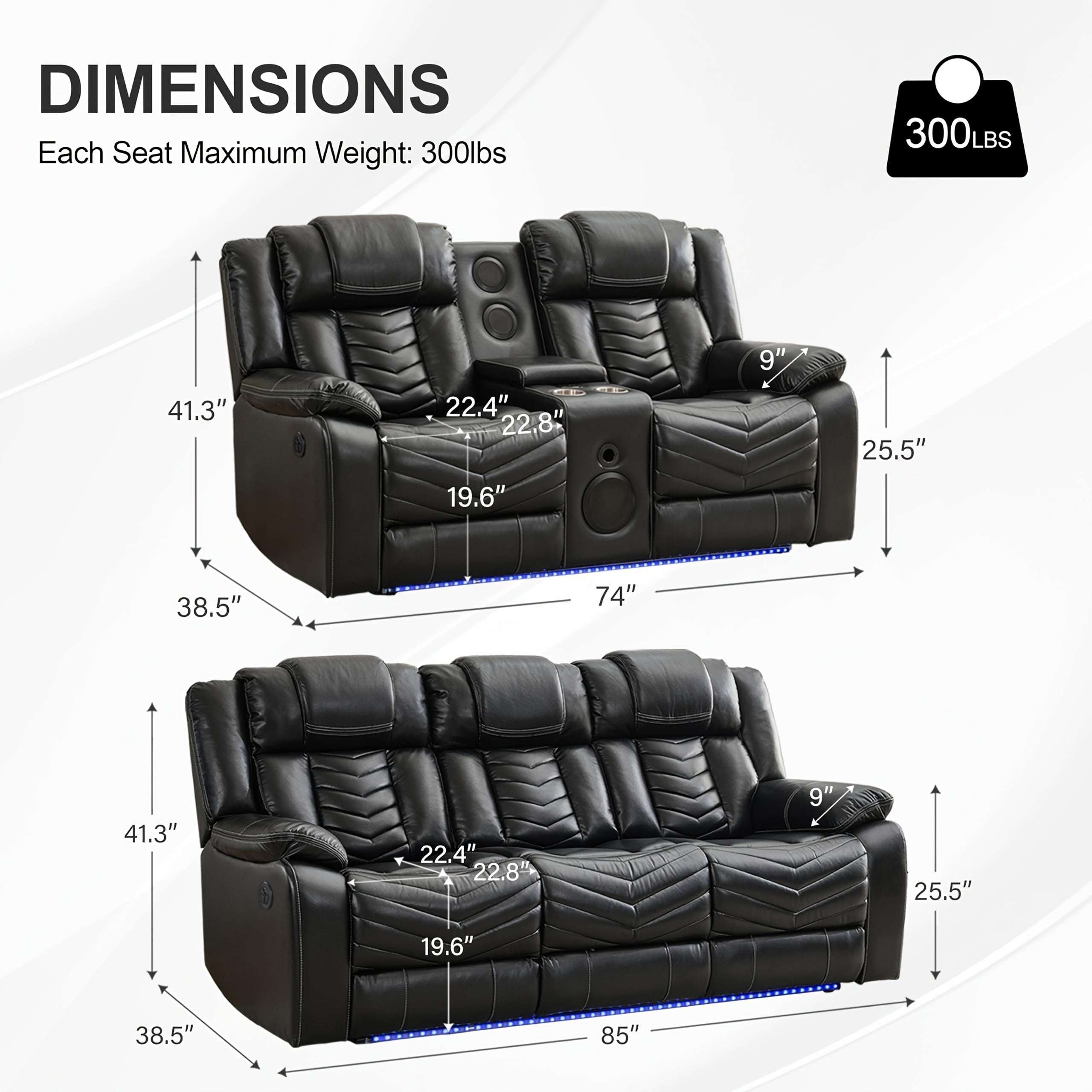 Leather Manual Recliner Sofa Set with Wireless Charger for Living Room, 3 Seater Reclining Sofa and Loveseat Seating Couch with Bass Speakers, LED Lights, Home Theater Love seat Sets with Console