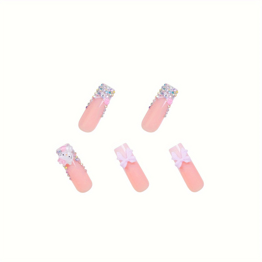24-Piece Set of Super Long Square Shaped Glossy Press On Nails - Featuring Hello Kitty 3D Glitter Charms, Pink Floral Patterns, and Bow Embellishments for Glamorous Daily Use, Dates, and Parties - Includes Easy-Apply Jelly Ad
