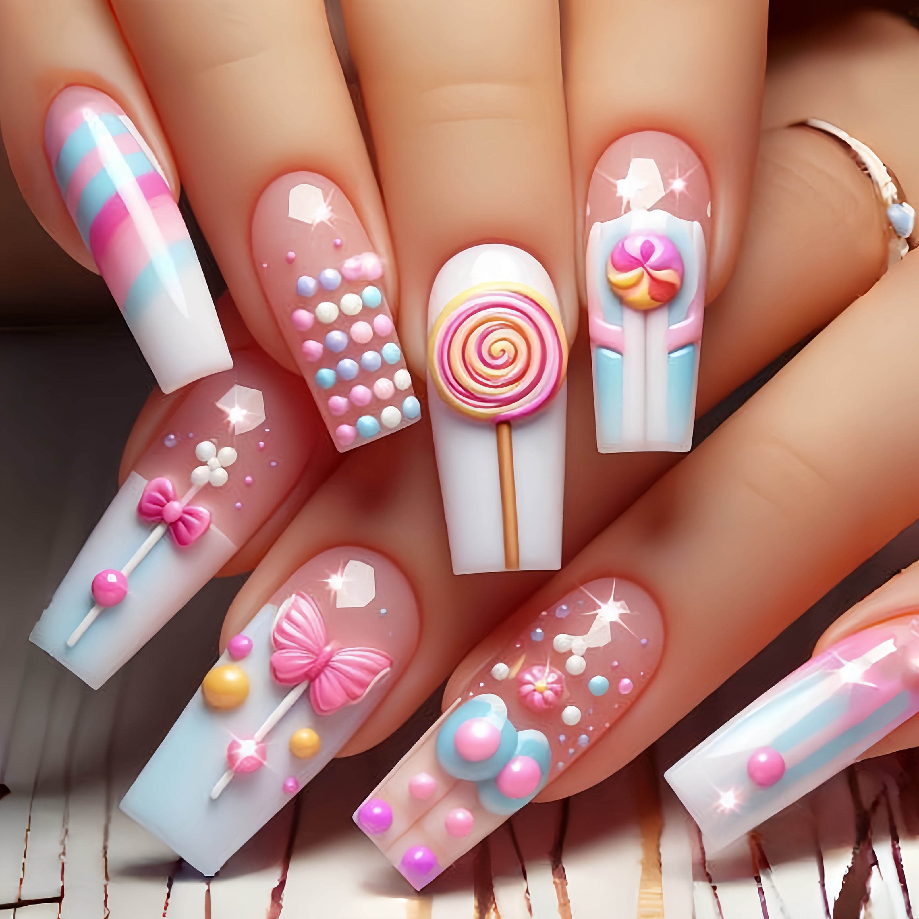 24pcs Removable Nail Stickers, Press-On, Middle Length, European Square, Glossy Finish, Pink Color Tone, Ballet Shape, Striped Leaf Flower Pattern for New Year, Spring Fashion Nail Art