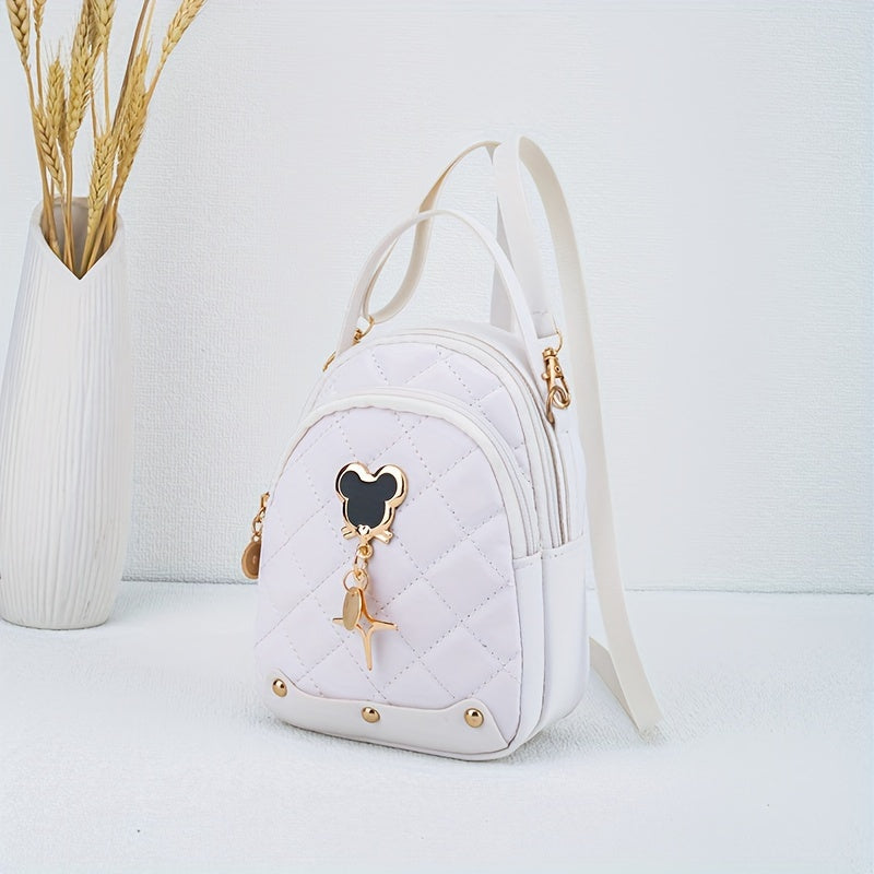 s Rhombus Backpack, Golden-Tone Hardware - Black/Pink/White, Mouse Pad Keychain Lock Compatible, Durable Adjustable Strap & Zipper Closure, Golden-Tone Plaque for Keys, Casual Handbag for Travel, Everyday Use (Poly, for Teena