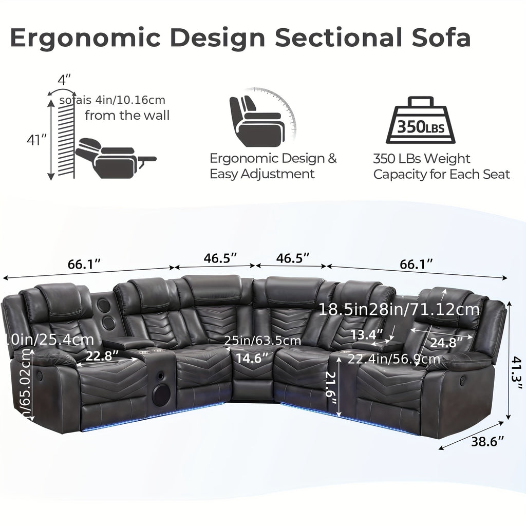 Power Recliner Sectional Sofa Couches With Bass Speakers For Living Room, Leather Reclining Corner Sectionals Sofa Couch Sets With LED Light