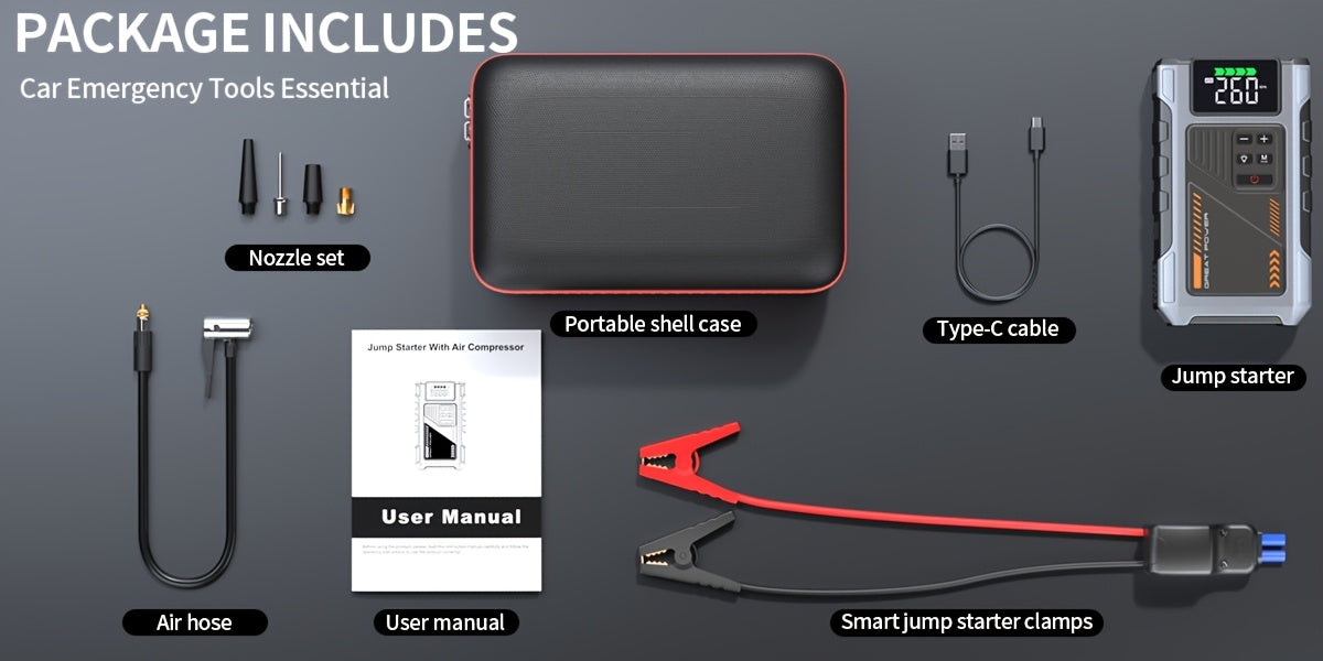 4000A Portable Wireless Car Air Compressor Jump Starter with Air Compressor, Battery Jump Starter Portable Peak, Car Battery Charger Portable For12V(8.0LGas/1.72gal Diesel) Start The Car Quickly, USB Input/output, LED Emergen