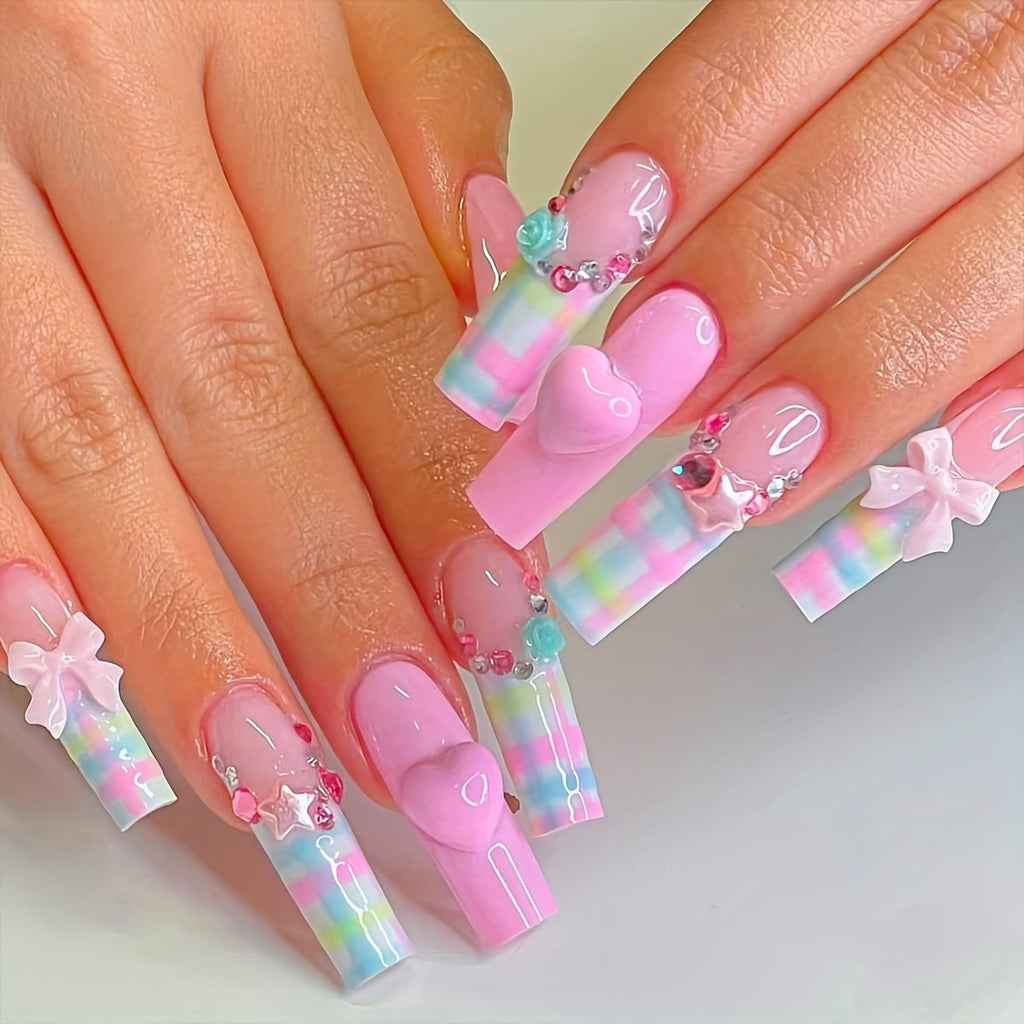 A Gift Box Containing 24 Long Square-Shaped Press-On Nails for Spring And Summer, Featuring Cute Dopamine Designs with Milky White Bows, Pink 3D Hearts, Rainbow Checkered Stripes, Aurora Blue-Green Camellias, Silvery Glitter,