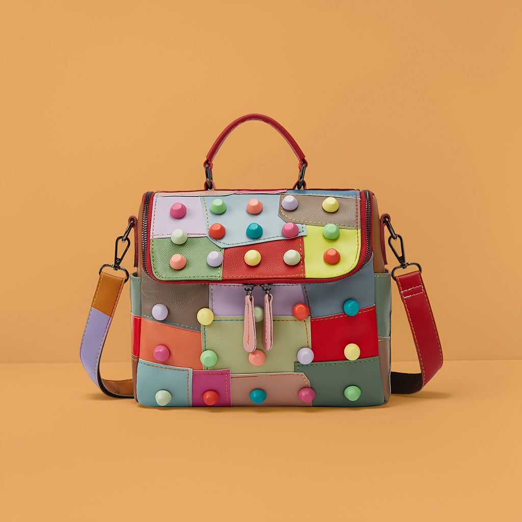 [Geometric Crossbody Bag] Light Brown Geometric Women's Crossbody Bag | Detachable Strap, Multi-Color Irregular Design, Zipper Closure, Spacious Tote with Back Pocket & Rivet Accents, Polyester Lining for Daily Commute & Casu