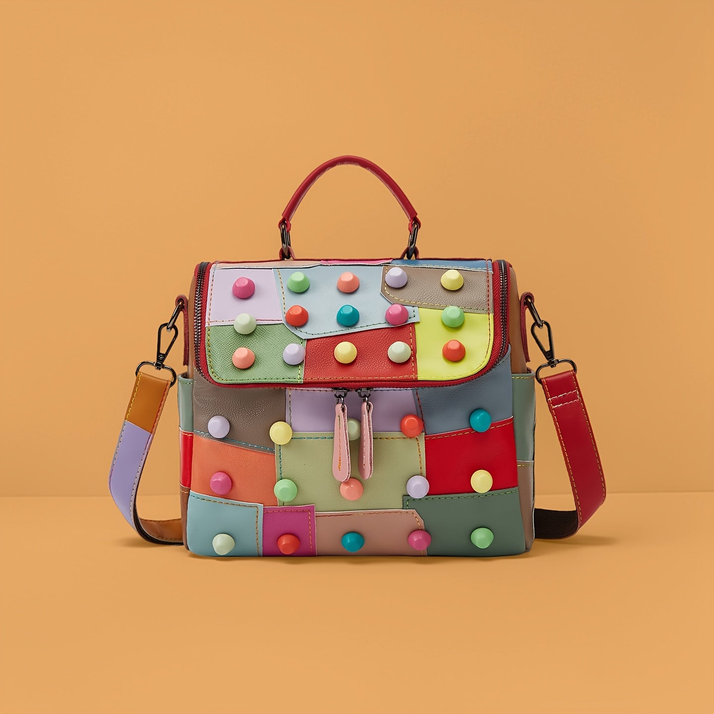 [Geometric Crossbody Bag] Light Brown Geometric Women's Crossbody Bag | Detachable Strap, Multi-Color Irregular Design, Zipper Closure, Spacious Tote with Back Pocket & Rivet Accents, Polyester Lining for Daily Commute & Casu