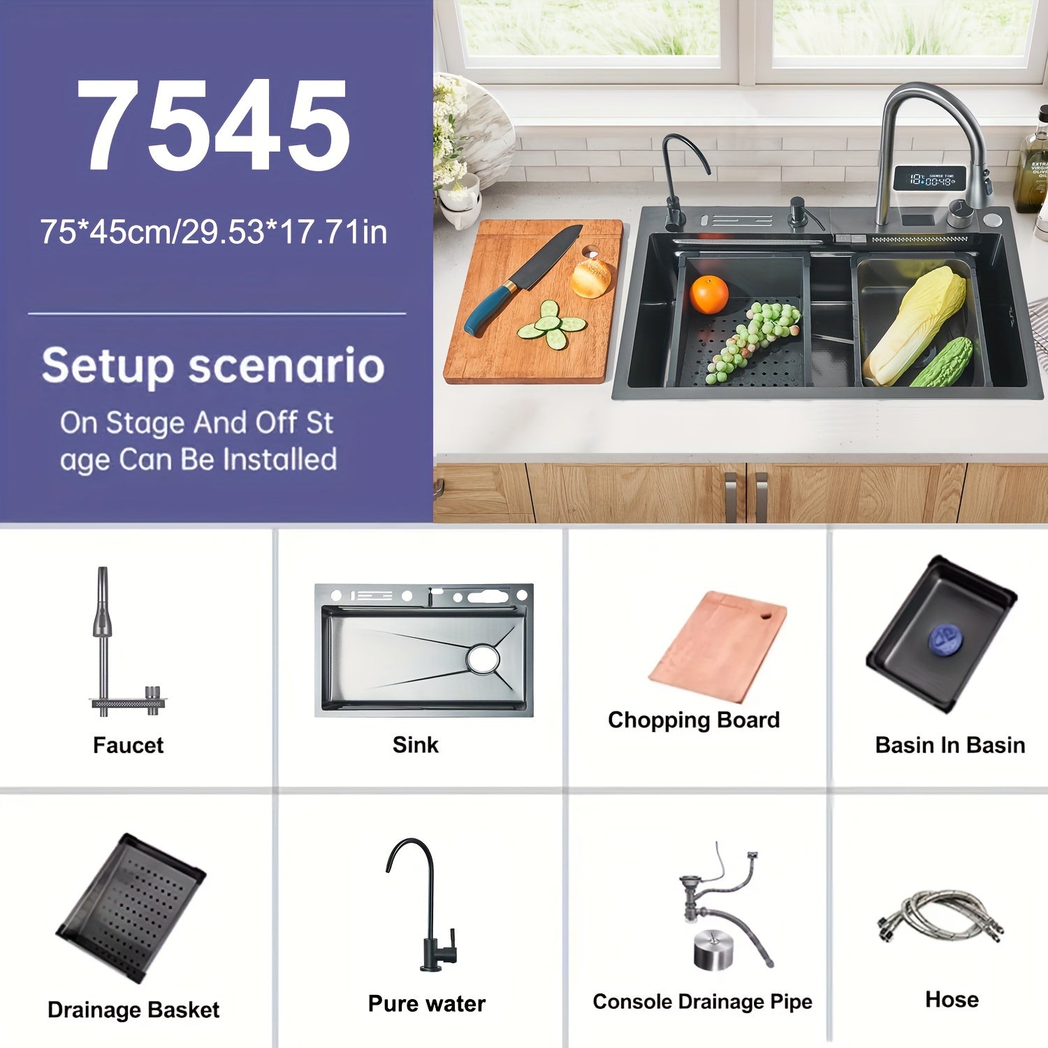 Digital Display Waterfall Sink, Single Bowl Kitchen Sinks, Stainless Steel Bar Sink With Pull Down Sprayhead Faucet, Smart Modern Kitchen Sink, Full Set Of Accessories, Gun Gray & Brushed Golden, 1 Set