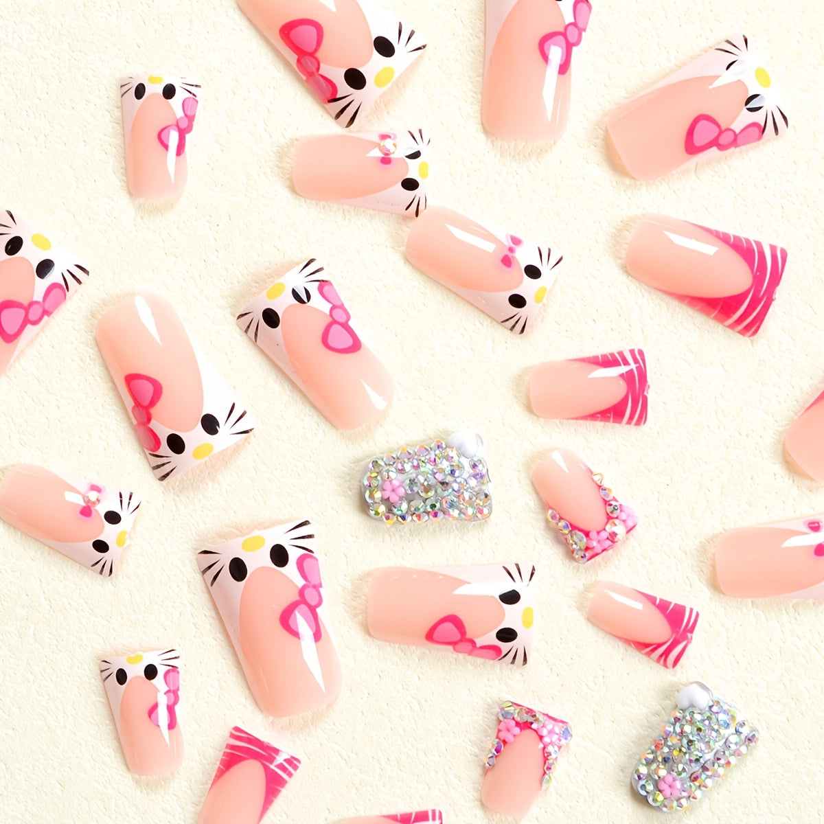 24pcs Duckbill Nail Stickers Sanrio Cute for hello kitty Pattern French 3D Colorful Glitter White Heart Rhinestone Pink Flower Rhinestone Long Nail Set with: One Piece of Jelly Glue and One Piece of Rubbing Strip Fashion Dail