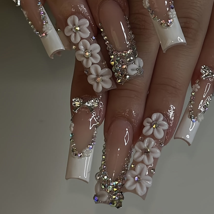 10pcs Handcrafted Press-On Nails Set for Women, Super Long Square Shape, Nude & Fair Tones, 3D Floral & Glitter Patterns, Glossy Finish, Reusable Full Cover Nail Art with Rhinestones and Metallic Accents