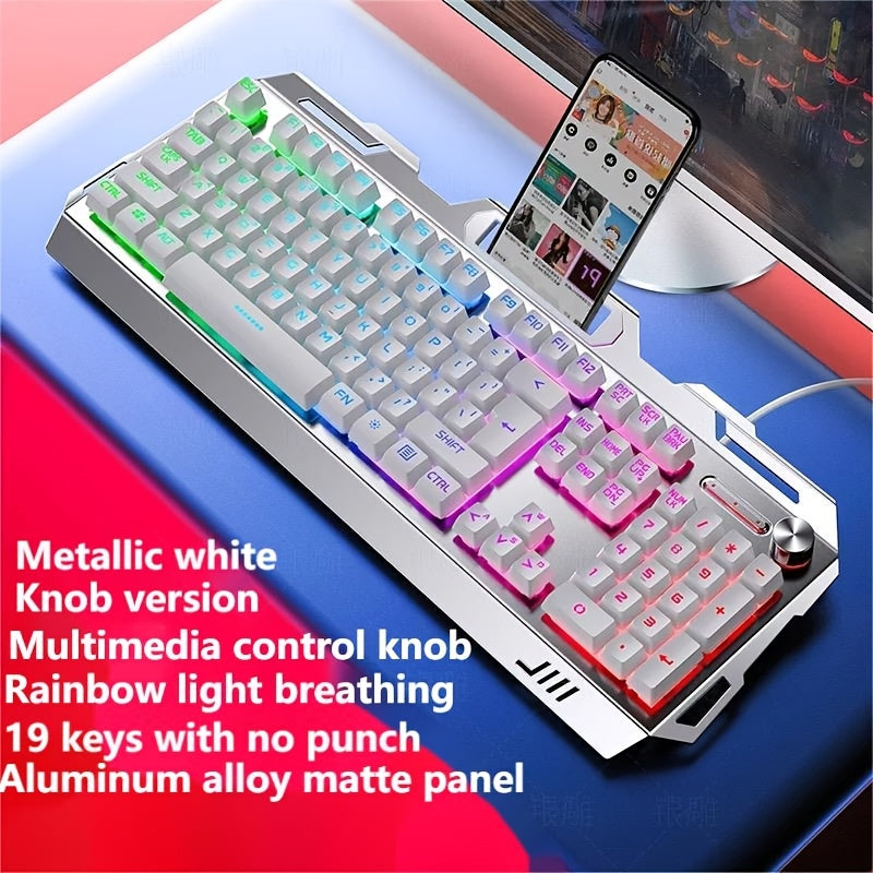 Ergonomic Gaming Keyboard - Wired, Faux Mechanical Feel, LED Color Backlight, USB Connection, 104 Keys Full Metal Panel, Multimedia Knob And Laptop Phone Holder Gift for Your Family Boyfriend