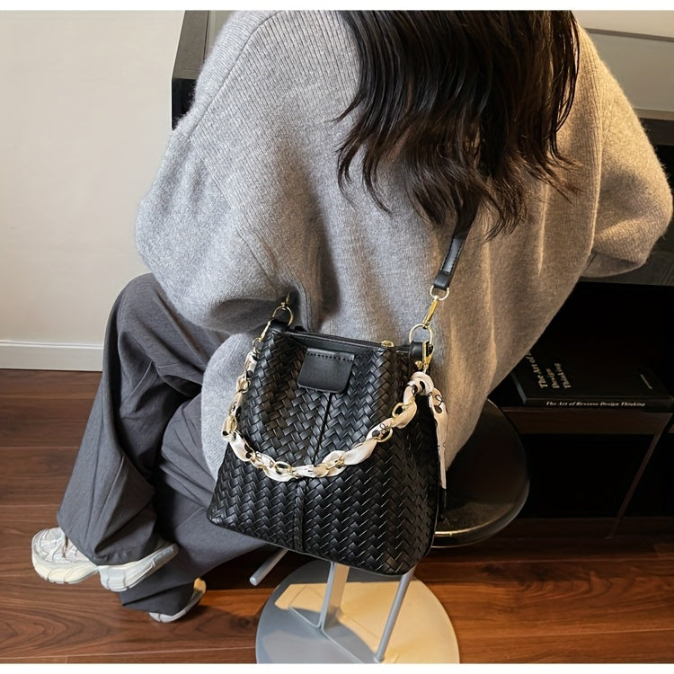 Women's Woven Tote & Bucket Bag - Convertible Crossbody/Handbag with Golden-Tone Hardware, Beige/Black Detachable Strap, Retro Woven-Pattern Shoulder Purse for, Casual & Formal Events (Adjustable, Snap Closure)