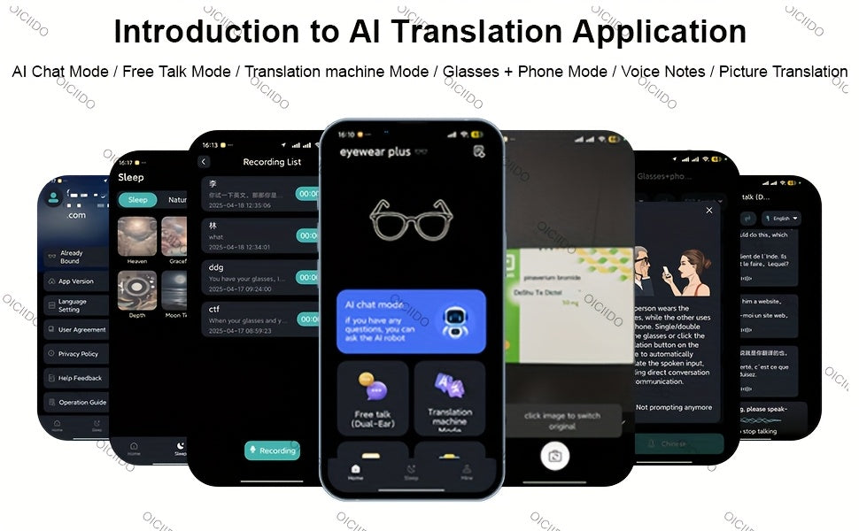 OICIIDO AI Smart Glasses, New Multifunctional Audio Glasses for Men and Women, Support Real-Time Translation for 160+ Languages and Video Translation, Equipped with Chat GPT System, Built-In Microphone and Speaker, HD Voice C