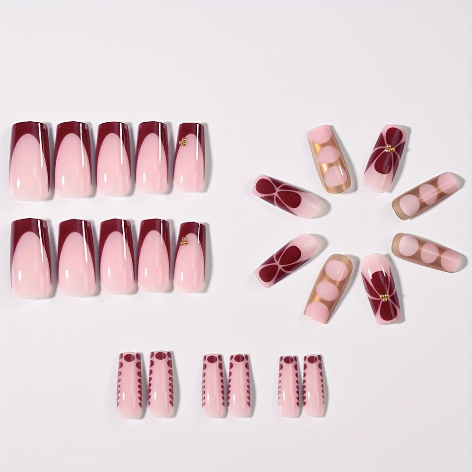 24pcs French Style Press On Nails Set - Glossy Pink, Red & Golden Ballet Shape Medium Length Fake Nails with Jelly Glue & Nail File, Easy Application Salon-Quality DIY Manicure Kit for, Parties, Weddings, Daily Wear (24 Nails