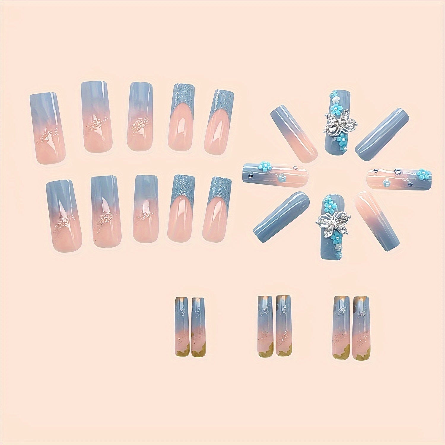 24pcs Full Set Blue & Pink Gradient French Press-On Nails with Sparkling Glitter, Ultra-Long Square False Nails Kit - Glossy Gel Nail Polish, Nail Glue & File Included for DIY Manicure/Pedicure