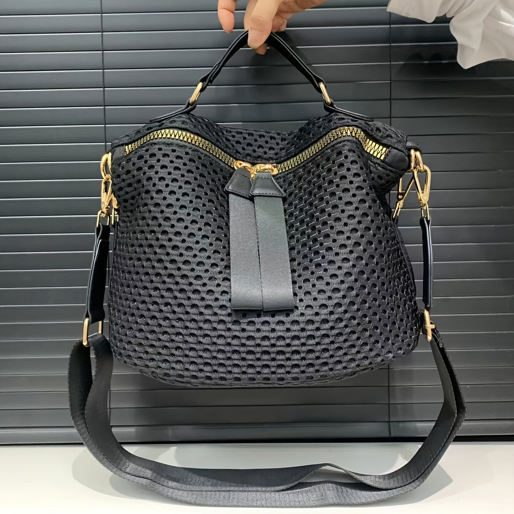 [Mesh Crossbody Bag] Lightweight Black Nylon Mesh Crossbody Bag - Chic Women's, Versatile with Wide Strap & Detachable Shoulder Strap, Zip Closure