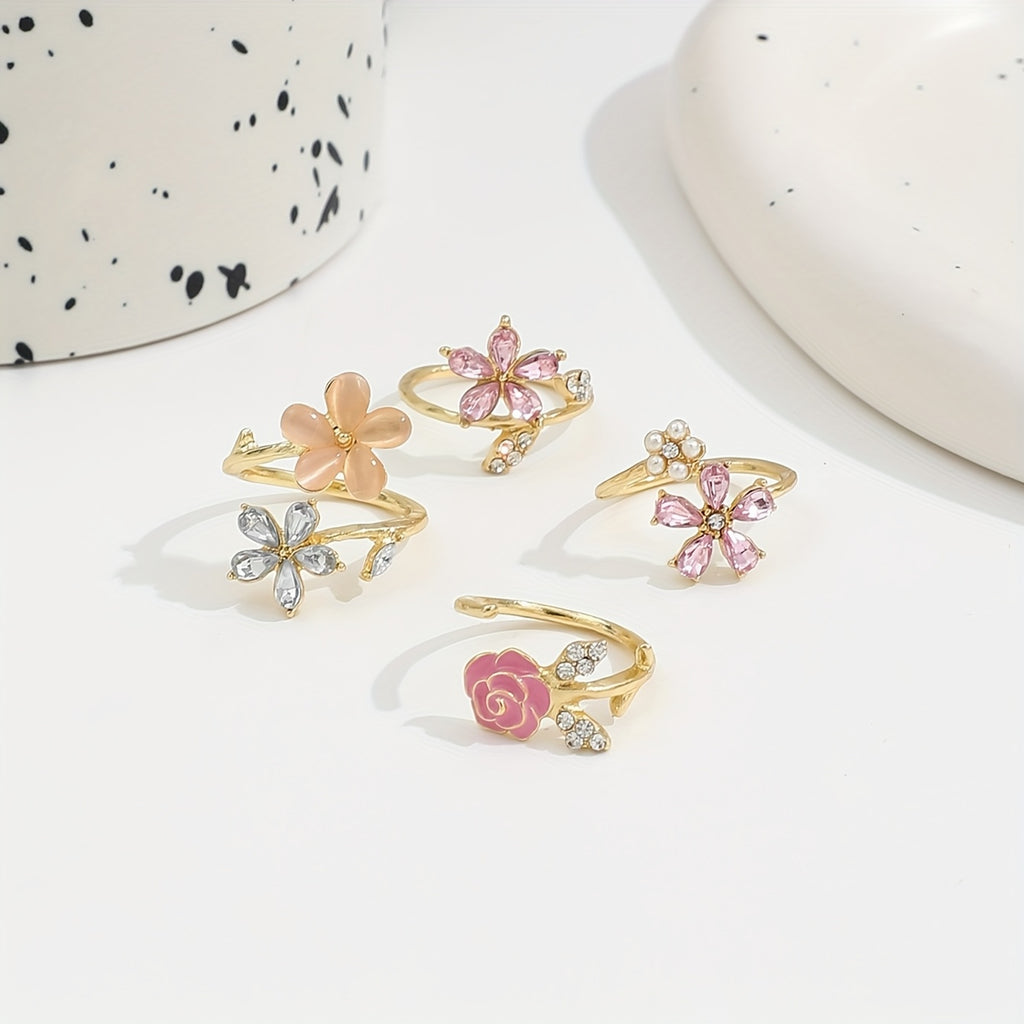 4pcs Set of Alloy Water Artificial Pearl Glazed Layered Rings. Fashionable Elegant Sexy Floral Pink Series, Water Artificial Pearl Sexy Flower Wedding
