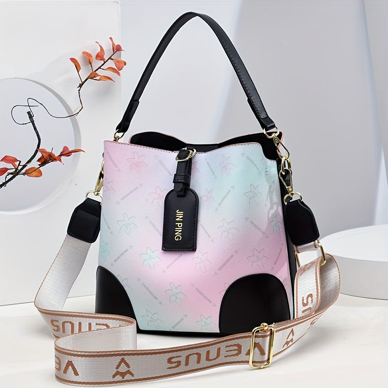 [Trendy Bucket Bag] Trendy Ombre Bucket Bag | Letter Print Handbag, Fashion Buckle Decor, Women's Every Day Purses