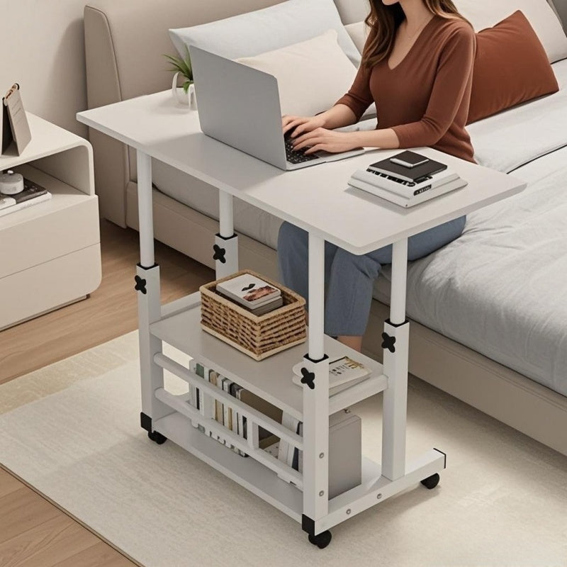 Rolling Table with Wheels, Adjustable Height Heavy-Duty Folding Desk, Storage Shelf & Wood/Metal Frame, Space-Saving Mobile Workstation, Easy Assembly (No Tools), for Office, Bedside, Dorm, Small Spaces, White/Mixed Color