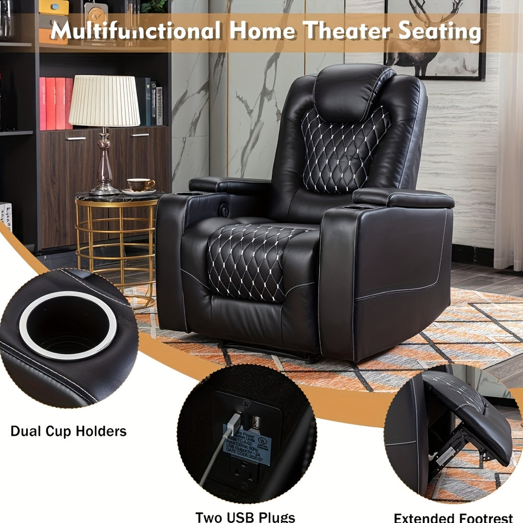 Power Recliner Chair With USB Ports And Cup Holders - Overstuffed Electric Home Theater Seating Faux Leather Reclining Furniture With Hidden Arm Storage, Easy To Clean (Black)