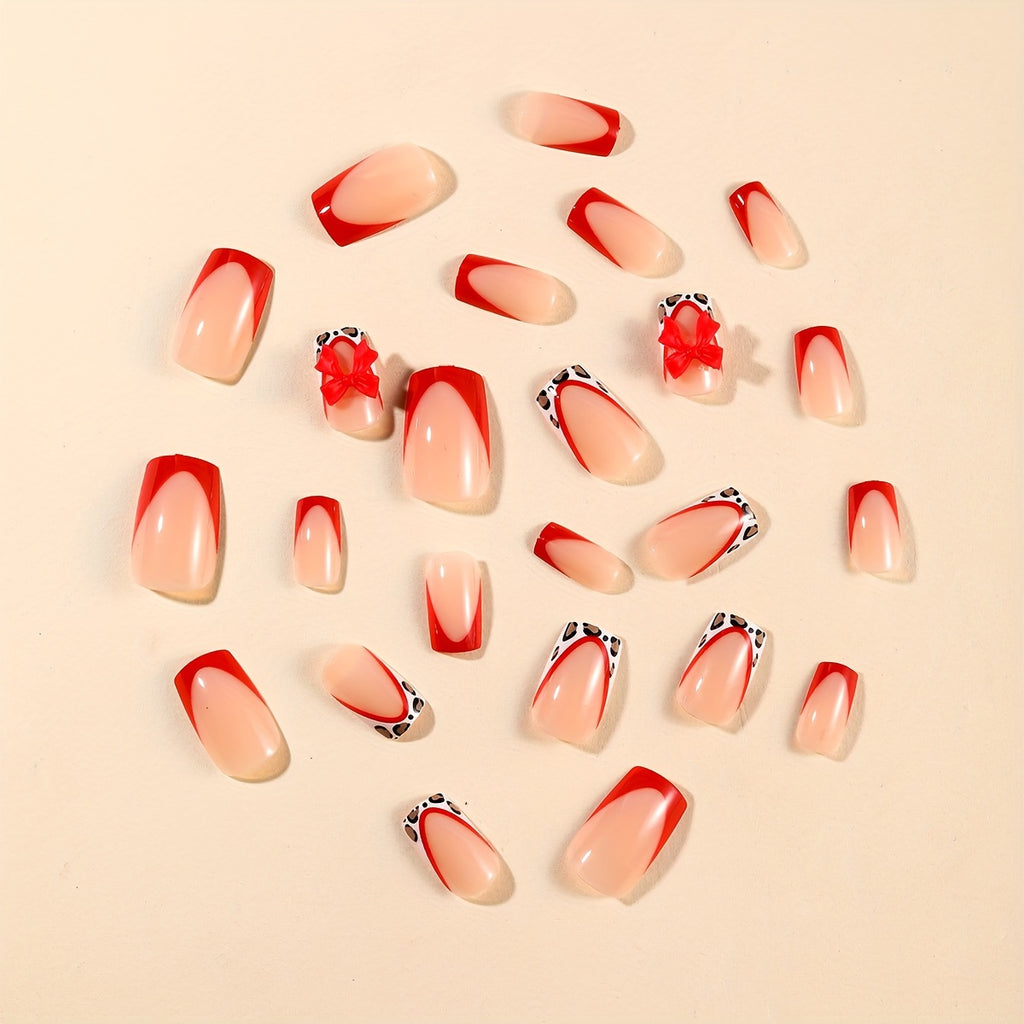 24pcs Square Press Nails Set, Red Leopard Print with 3D Bow Trim, French Tip, Short Length, Glossy Finish, Full Coverage Fake Nails for Women and