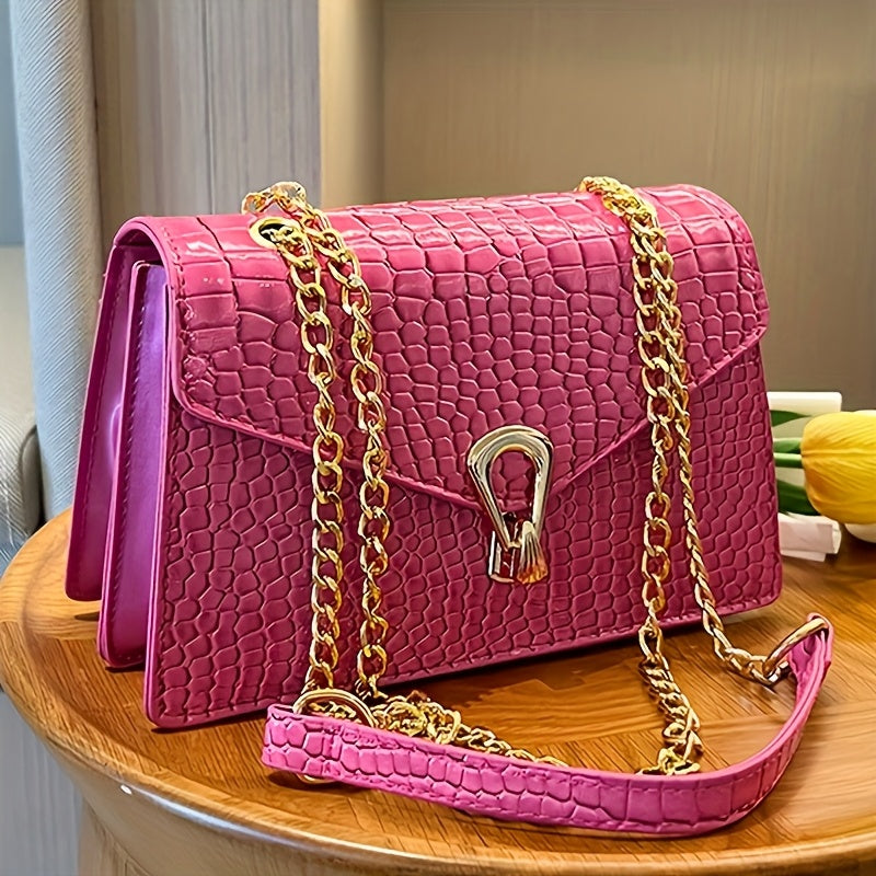 Pink Snake Print Crossbody BagFor Women, Stylish Women's Crocodile Pattern Handbag - Black Shoulder Bag With Detachable Strap Golden-Tone Hardware & Chain Strap, Crossbody Bag Purse Christmas Bags For Gifts Christmas Gift Bag