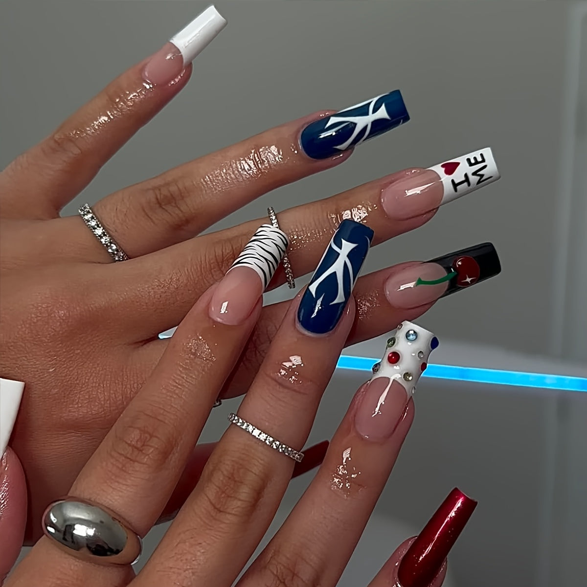 24pcs Long Square Press On Nails - Summer Blue & Black Contrast Glossy Fake Nails with Zebra Stripes, Cherry Accents, French Edges & Floral Designs - Hand-Painted Style for s, Birthday Party Gift, Portable Fake Nails, Nails A