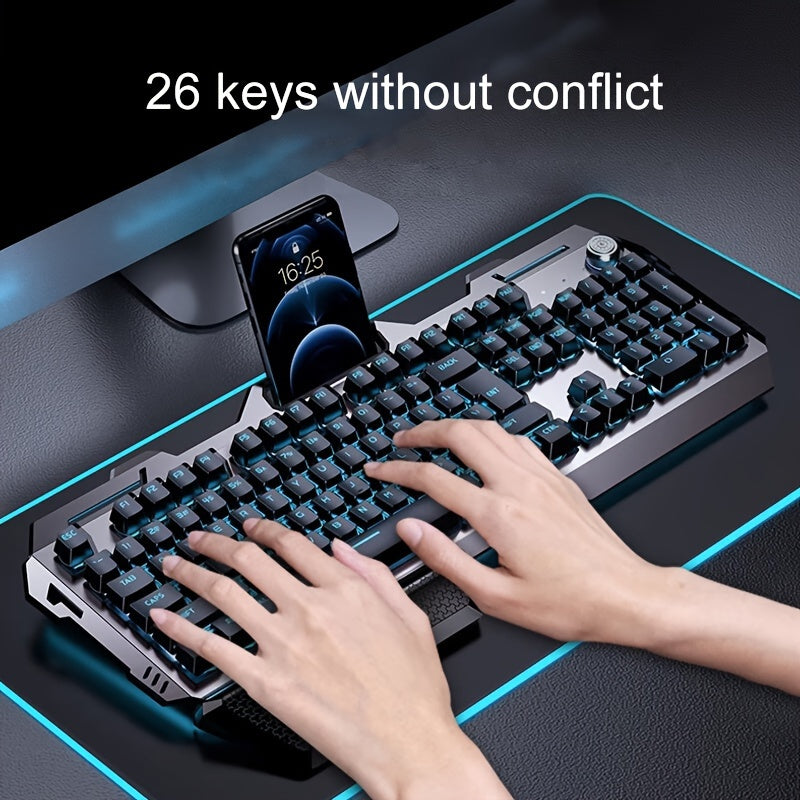 [EWEADN LED Gaming Keyboard] EWEADN 104 Keys LED Backlit Wired Gaming Keyboard - Ergonomic Silent Design, Adjustable Volume Knob, USB Powered, for Desktop & Notebook Computers, Office Accessories
