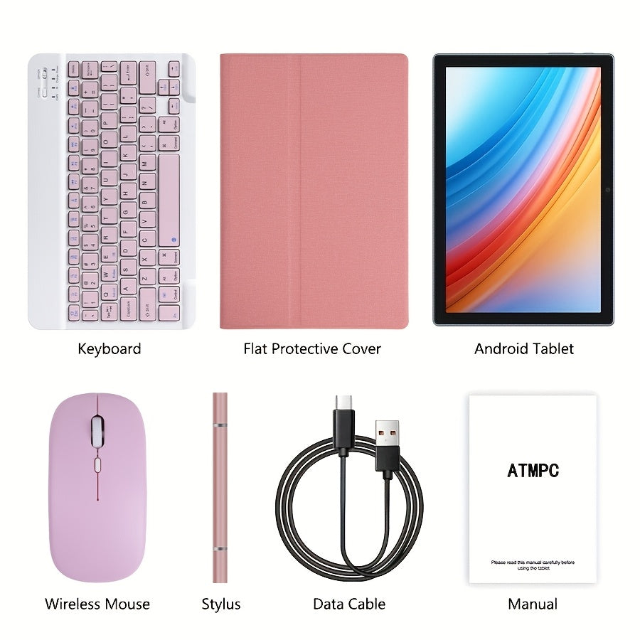 Tablet 10.1 Inch Android 14 OS Pad, 2in 1 Pad with Keyboard, Mouse, Case, Stylus without wireless function, 128GB ROM 12GB 4GB+8GB Expanded RAM, Dual Camera, Eight Core Processor, 1280 * 800 IPS High-definition Display Screen