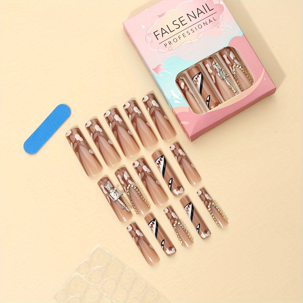 24pcs Luxury Coffin Shape False Nails Set - Mixed Color System, Super Long Square Nail Tips, Champagne Rhinestones, Shark Teeth Design, Glossy Finish, Nail File & Jelly Glue Strip Included, Perfect for Salon or Personal Use