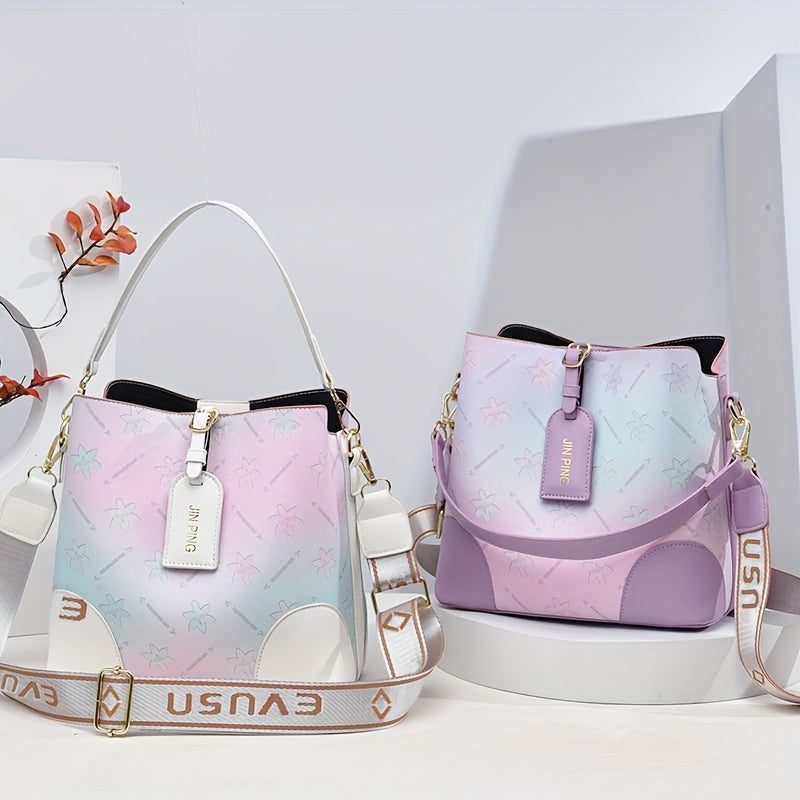 [Trendy Bucket Bag] Trendy Ombre Bucket Bag | Letter Print Handbag, Fashion Buckle Decor, Women's Every Day Purses